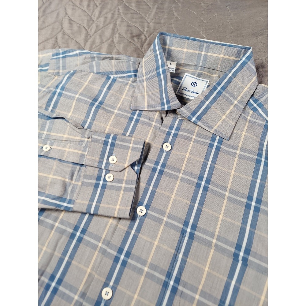 David Donahue Dress Shirt Mens Large Blue Plaid Cotton Spread Collar Regular Fit